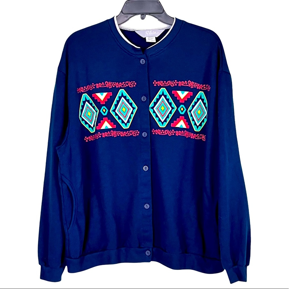 Vintage Blair Southwestern Design Button Up Navy Blue Jacket Size XL
